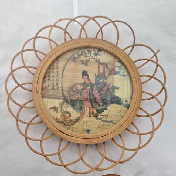Geisha Bamboo Asian Wicker Coaster Set of 6 with Holder Vintage - Picture 7 of 16